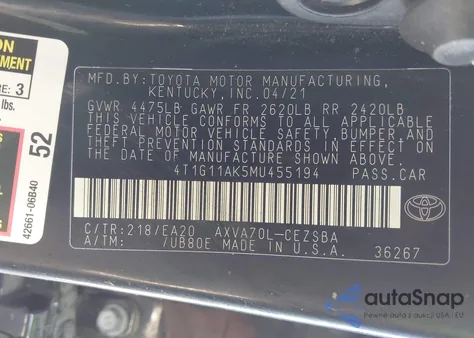 2021 Toyota Camry Se z USA, uszkodzony, nr VIN 4T1G11AK5MU455194